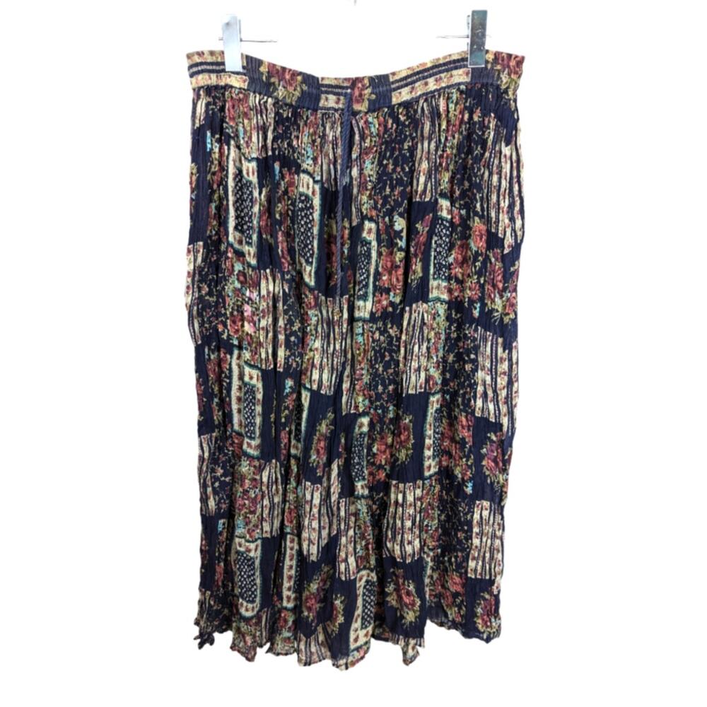 Vintage Cotton Express Maxi Skirt Floral Multi Broom Stick Wrinkled Blue  OS